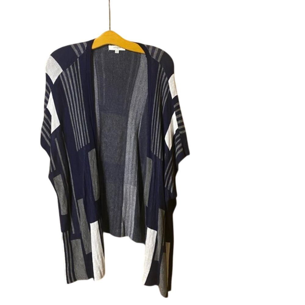 Umgee Blue Gray Knit Cardigan Kimono medium lagenlook artsy cover geometric